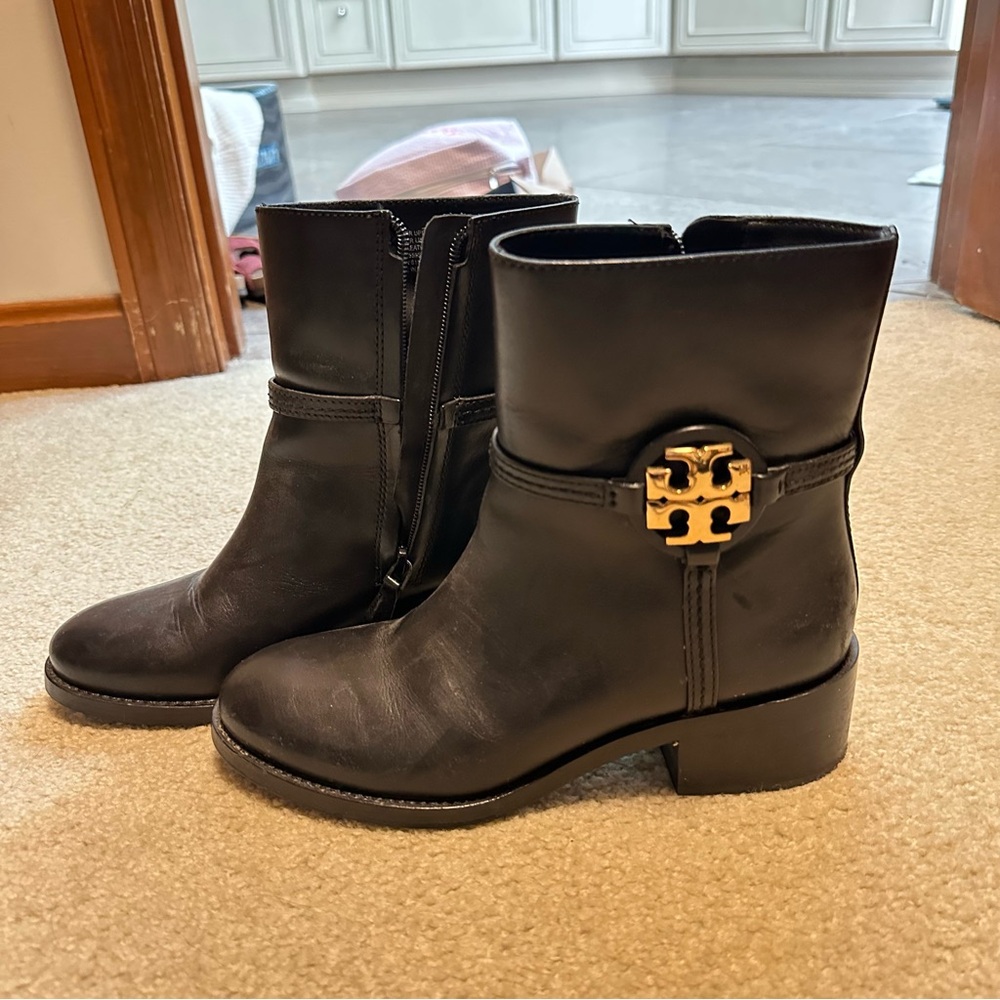 Tory Burch Black Ankle Booties with Gold Accent